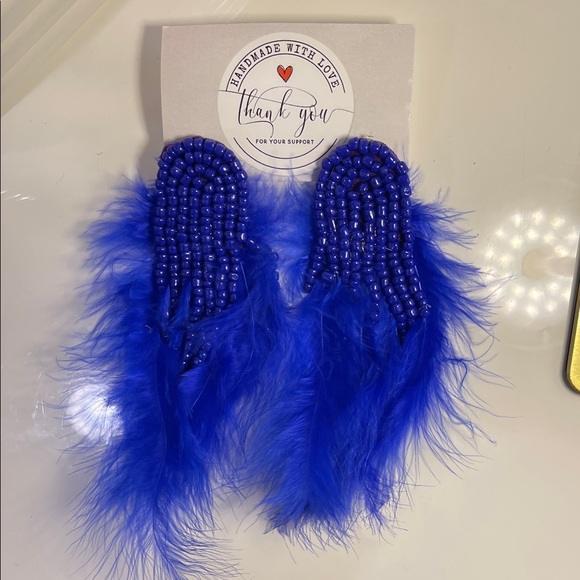 Blue Feather Beaded Earrings - Picture 3 of 4